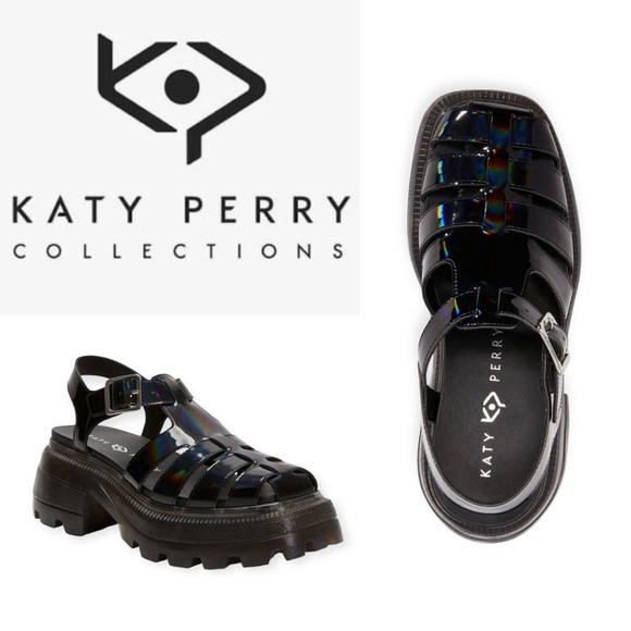 Katy Perry Collections Shoes - KATY PERRY THE GELI COMBAT BLACK HOLOGRAPHIC FISHERMAN PLATFORM SANDALS **NIB**